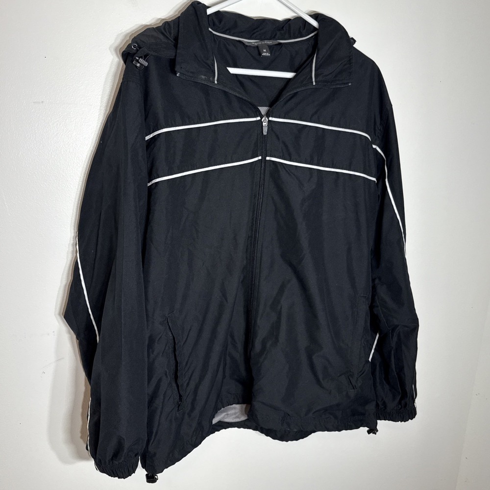 TEK GEAR Men's Full Zip Jacket Black with Hood in Collar White Trim Lined Size M - Picture 2 of 6